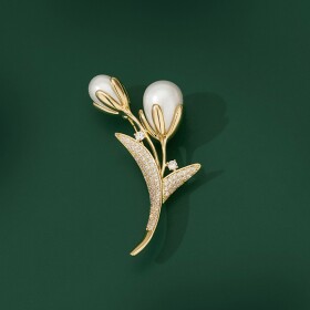 Brož s perlou a zirkony Stefi - tulipán, Zlatá