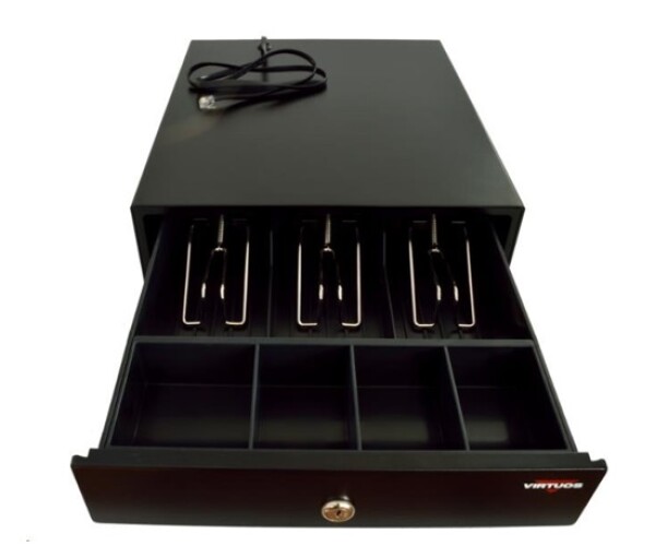 Virtuos pokladní zásuvka mikro EK-300C, 9V-24V, s kabelem 24V, pořadač 3/4, černá