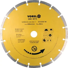 Vorel Kotouč diamantový řezný segmentový 230x22,2 mm / Řezný kotouč / Suché řezání / Max. 6500 ot./min (TO-08715)