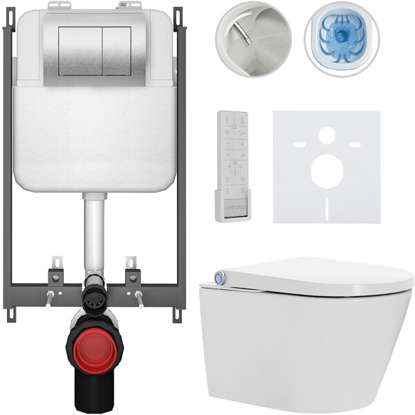 CERANO - Závěsné WC s bidetem Basic/Cronus Premium - bílá lesklá - WC tlačítko Maxio/Stříbrná - pro zazdění - 59,3x38,4 CER-8050BD86491