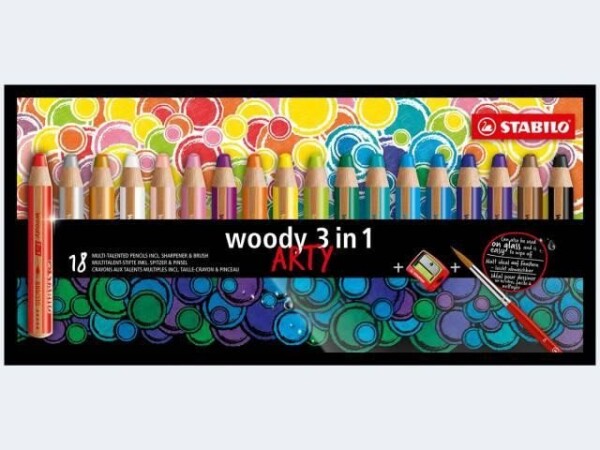 Pastelky STABILO Woody 3in1, sada 18 ks v pouzdru s ořezávátkem a štětcem &quot;ARTY&quot;