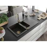 MEXEN/S - Matias granitový dřez 1.5 s odkapávačem 900x505 mm, černá/zlatá metalik,+ zlatý sifon 6502901505-75-G
