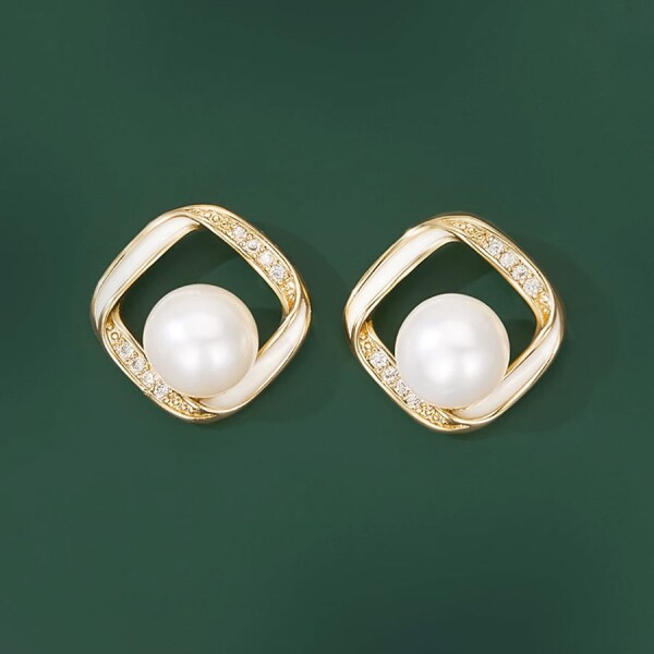 Stříbrné náušnice s perlou a zirkony Noemi, stříbro 925/1000, Zlatá Bílá