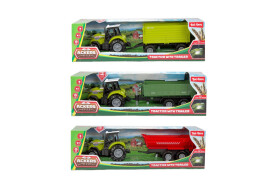 Traktor s vlekem plast 24cm na volný chod na baterie se světlem, zvukem 3 druhy v krabici 29x9cm