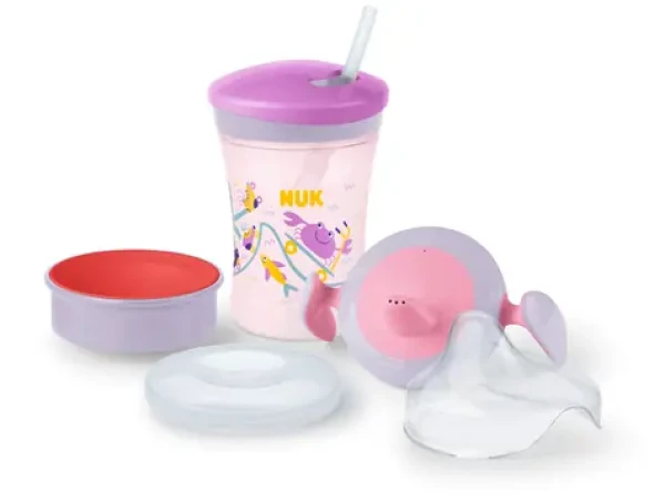 NUK Sada na pití s nástavci 230 ml fialovo-růžová / od 6 měsíců / 3 nástavce / bez BPA (10255637)