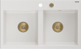 MEXEN/S - Hektor granitový dřez 2-bowl 800 x 480 mm, bílá, zlatý sifon 6521802000-20-G