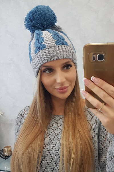 Dámská čepice s bambulí Rozalia K323 denim+grey UNI