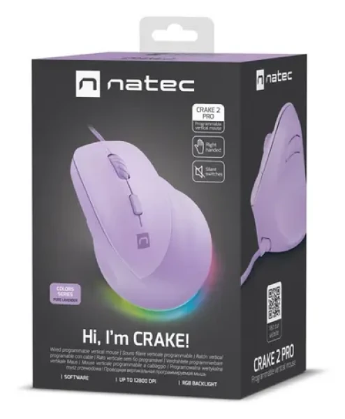 Natec Crake 2 PRO fialová / Vertikální myš / Optická / Drátová USB-A / 12 400 DPI / 6 tlačítek / Pro praváky (NMY-2274)