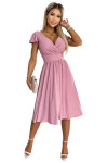 MATILDE Dámské šaty pudrově růžové barvě brokátem, výstřihem krátkými rukávy 425-2