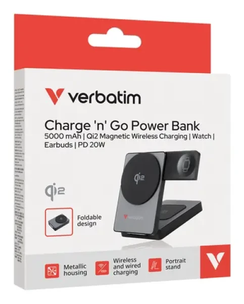 Verbatim Foldable 3-in-1 šedá / Magnetická bezdrátová powerbanka / 5000 mAh / USB-C / rychlé nabíjení (32294)