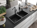 MEXEN/S - Hektor granitový dřez 2-bowl 800 x 480 mm, černá/stříbrná metalik, černý sifon 6521802000-73-B