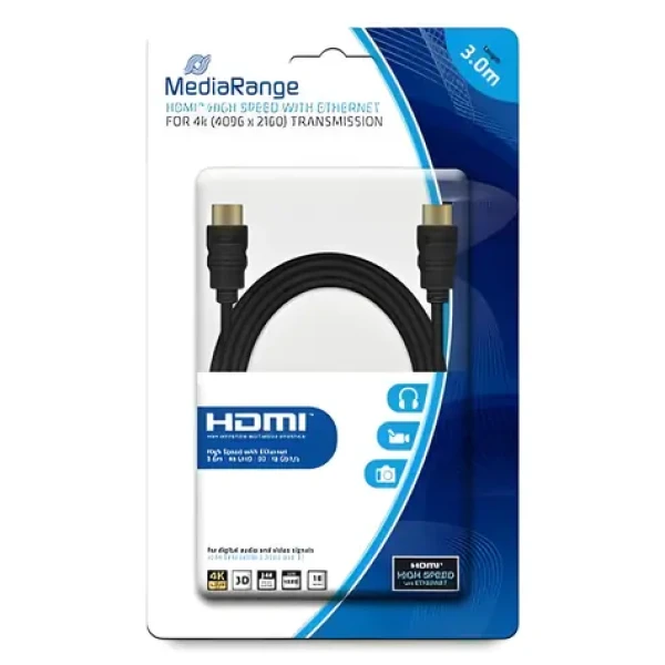 MediaRange 3 m černá / HDMI kabel / High Speed / 18 Gbit/s / Ethernet / pozlacené konektory (MRCS157)