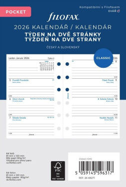 FILOFAX kalendář 2026 kapesní, týden/2 str, linky, ČJ+SJ