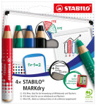 Suchý popisovač na tabuli a flipchart STABILO MARKdry - sada 4 ks s ořezávátkem a hadříkem