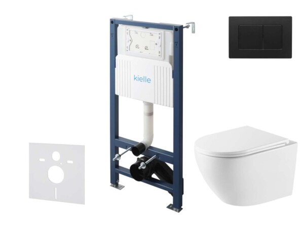 Kielle - Genesis New Set předstěnové instalace, klozetu Oudee, Vortex Rimless+, sedátka softclose a tlačítka Gemini New III, matná černá 30528SS63