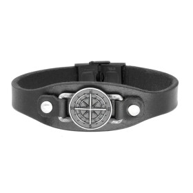 Pánský náramek s kompasem - pravá kůže, chirurgická ocel, Černá 22 cm