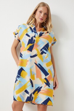 Happiness İstanbul Women's Yellow Blue Polo Neck Patterned Summer Dress