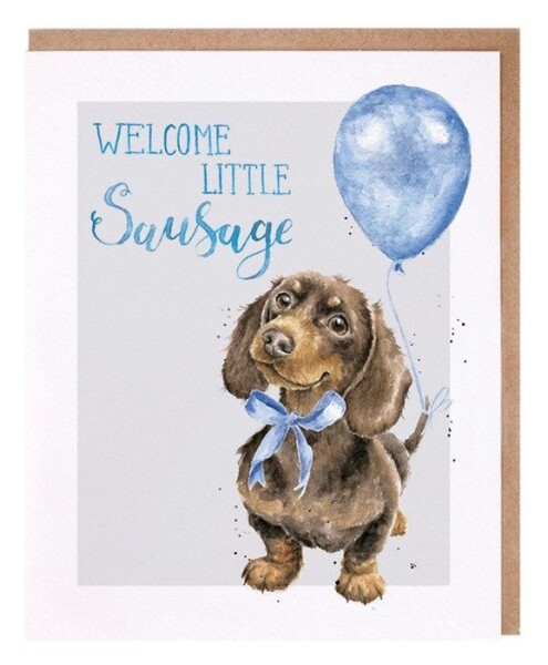 Přání k narození dítěte Wrendale Designs Little Sausage - Jezevčík v modré