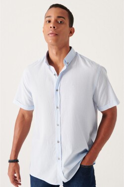 Avva Men's Blue Buttoned Collar 100% Cotton Thin Short Sleeve Regular Fit Shirt