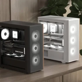 Aerocool D501A-G-WT-v2 bílá, dřevo / Skříň / Midi Tower / ATX / Mesh / ARGB / bez zdroje (ACCM-DS01043.21)