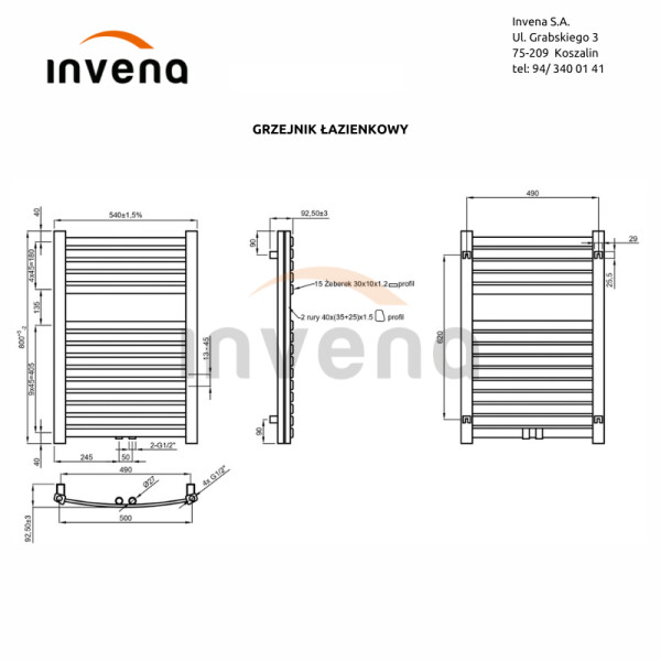 INVENA - Koupelnový radiátor 540 x 800, černý UG-03-080-A