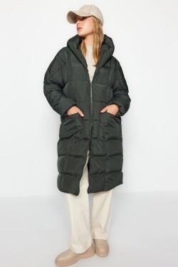 Trendyol Khaki Oversize vodoodpudivý dlouhý péřový kabát kapucí