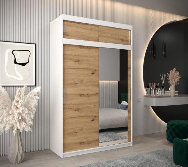 Šatní skříň Abi T2 s nástavcem Barva korpusu: Bílá, Rozměry: 150 cm, Dveře: Dub artisan