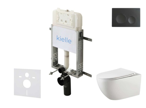 Kielle - Genesis New Set předstěnové instalace, klozetu Gaia, Rimless, sedátka softclose a tlačítka Gemini New I, matná černá 30528SZ12