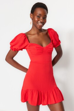 Trendyol červené vypasované mini tkané řasené plážové šaty