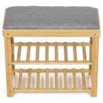 Botník / taburet, 2 police, masiv bambus, přírodní odstín, šedá látka