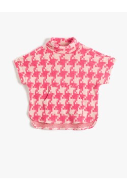 Koton Houndstooth Patterned Turtleneck Poncho Sweatshirt Short Sleeve Soft Textured