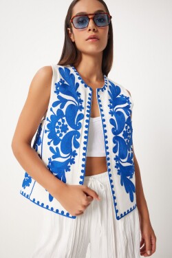 Happiness İstanbul Women's Blue White Embroidery Detailed Linen Vest