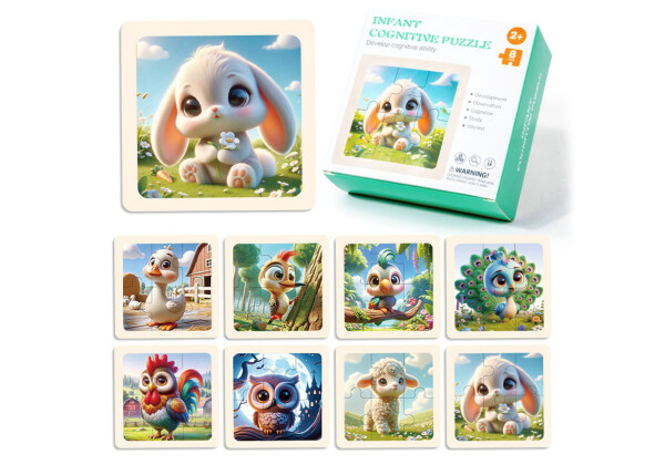 Puzzle dřevěné farma 8 ks set 9,8x9,8 cm - český obal