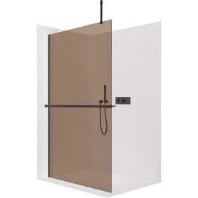 CERANO Sprchová zástěna Walk-in Onyx Top Cube L/P - 8 mm - hranatá vzpěra + polička/držák na ručníky - černá matná, bronzové sklo - 90x200 cm
