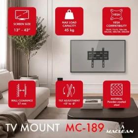 Maclean MC-189 černá / Nástěnný držák pro TV / 13-43" / VESA 200x200 / nosnost 45 kg / naklápění (MC-189)
