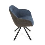 Židle jídelní, modrá látka a tmavě šedá látka v dekoru vintage kůže, černý kov, otočná P90°+ L90° s vratným mechanismem