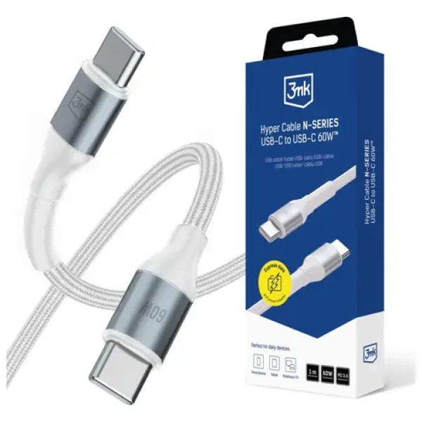 3mk Hyper kabel N-SERIES USB-C na USB-C 1m 20V/3A 60W bílá (5903108680219)