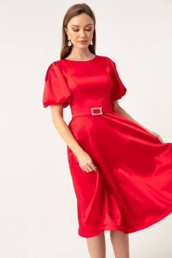 Lafaba Dámské červené balónové rukávy Stony Belted Mini saténové večerní šaty