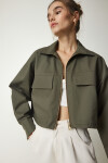 Happiness İstanbul Women's Khaki Zippered Gabardine Crop Jacket