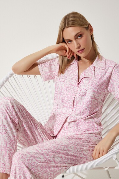 Happiness İstanbul Women's Light Pink Patterned Shirt Pants Knitted Pajamas Set