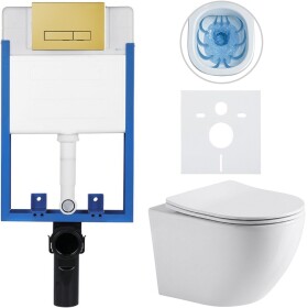 CERANO Kompletní WC set Profi/Cesso - bílá lesklá - WC tlačítko Slim/Zlatá - pro zazdění - 49x36 cm - 312676