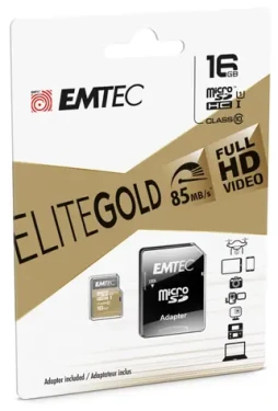 EMTEC Gold Plus micro SDHC karta 16GB + adaptér SD / UHS-I / Class 10 / čtení: 85MBs / zápis: 21MBs / vhodné pro FullHD (ECMSDM16GHC10GP)