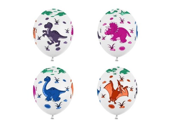 PartyDeco balónky bílé s dinosaury (6 ks)
