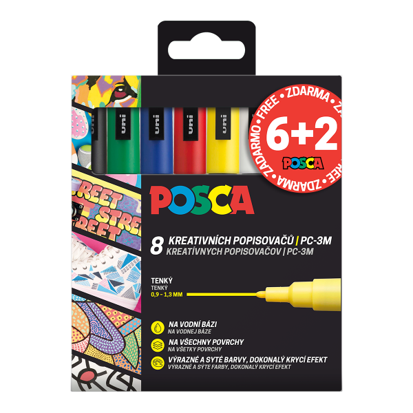 Posca AKCE - 6+2 - sada popisovačů PC-3M, 0,9 - 1,3 mm, mix barev (8 ks)
