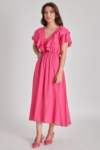 Madmext Fuchsia V Neck Gimped Dress