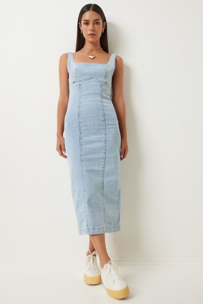 Happiness İstanbul Women's Light Blue Zipper Strap Midi Denim Dress