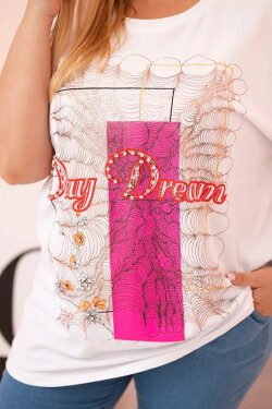 Dámská bavlněná halenka Plus Size s potiskem „Day Dream“ bílá + růžová UNI