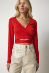 Happiness İstanbul Women's Orange Tie Wrapped Neck Crop Blouse