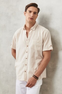 AC&Co Altınyıldız Classics Men's Beige Comfort Fit Relaxed Cut Buttoned Collar Linen Look 100% Cotton Flamed Short Sleeve Shirt