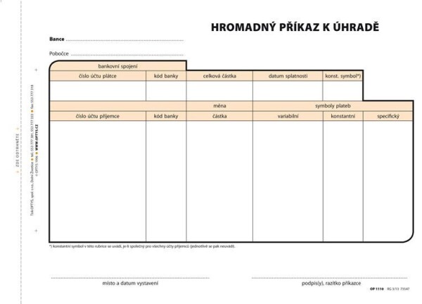 Příkaz k úhradě hromadný, A5, 100 listů, NCR